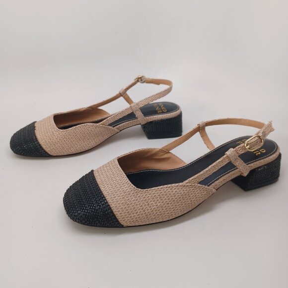 Donald Pliner Shoes Black Tan Spectator Woven Raffia Slingback Pumps Womens 7 M - Picture 8 of 16